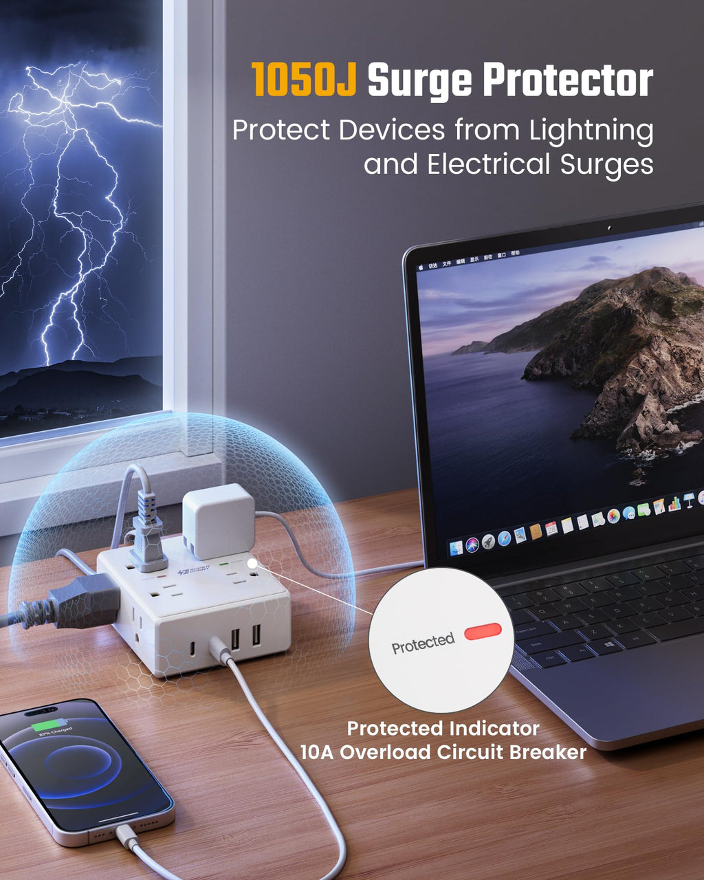 Extension Cord,Flat Plug Surge Protector Power Strip,10Ft | 8 AC & 4 USB Ports