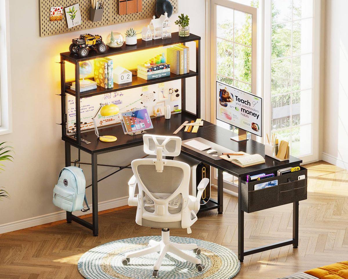 L Shaped Desk Gaming Desk with LED Light & Power Outlet | 53 Inch Home Office