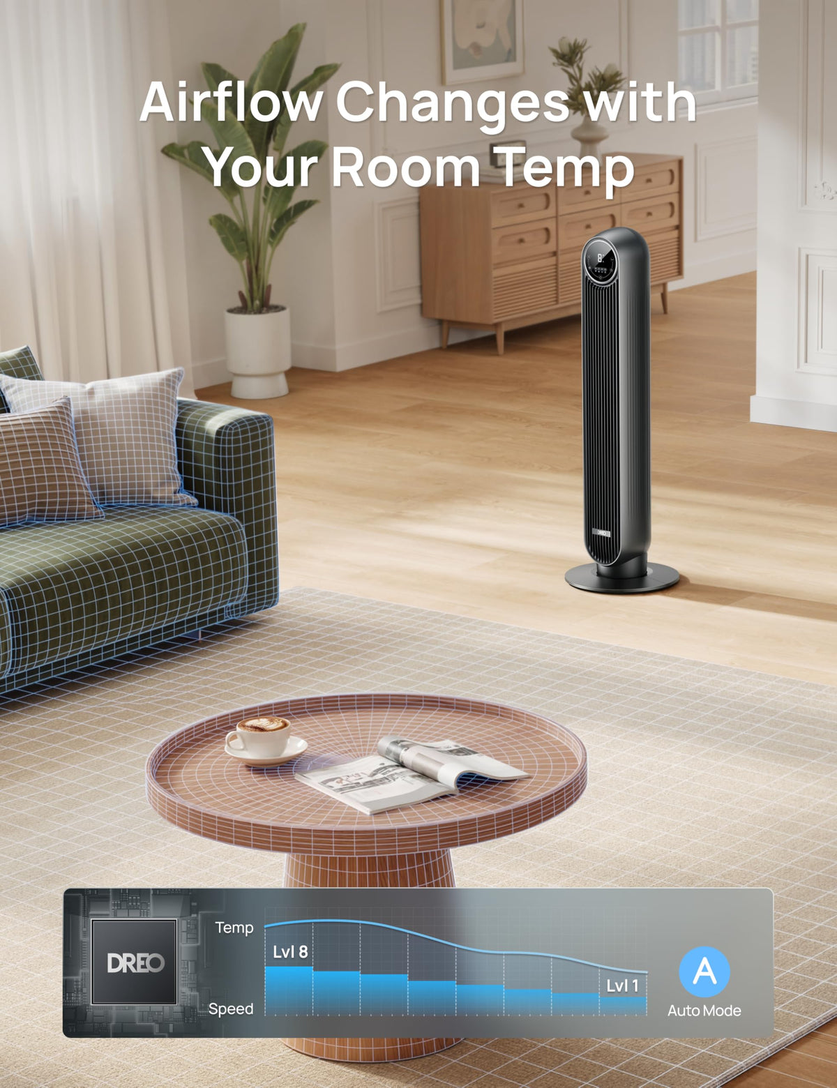 DREO Tower Fan for Bedroom, 25ft/s Velocity, 28dB Ultra Quiet, 4 Speeds