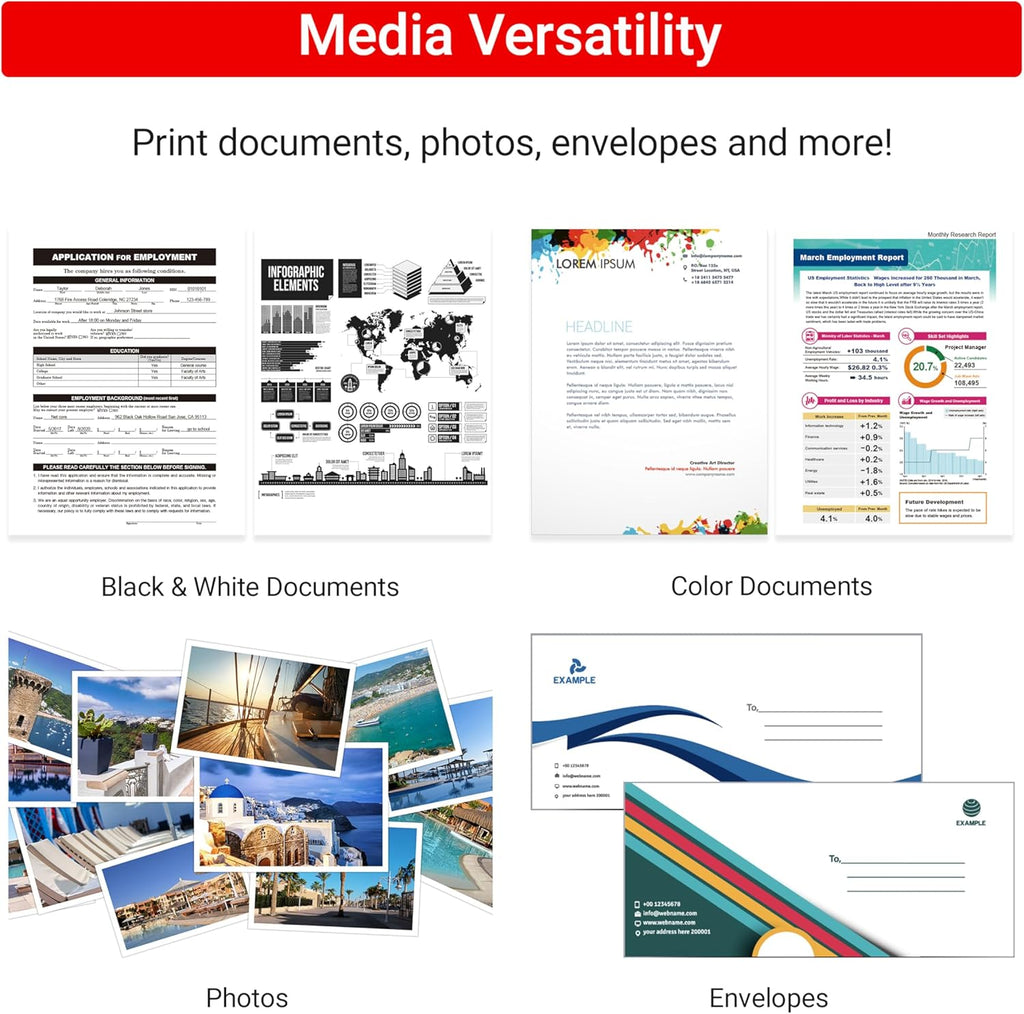 Media versatility with print documents, photos, and envelopes on a white background.