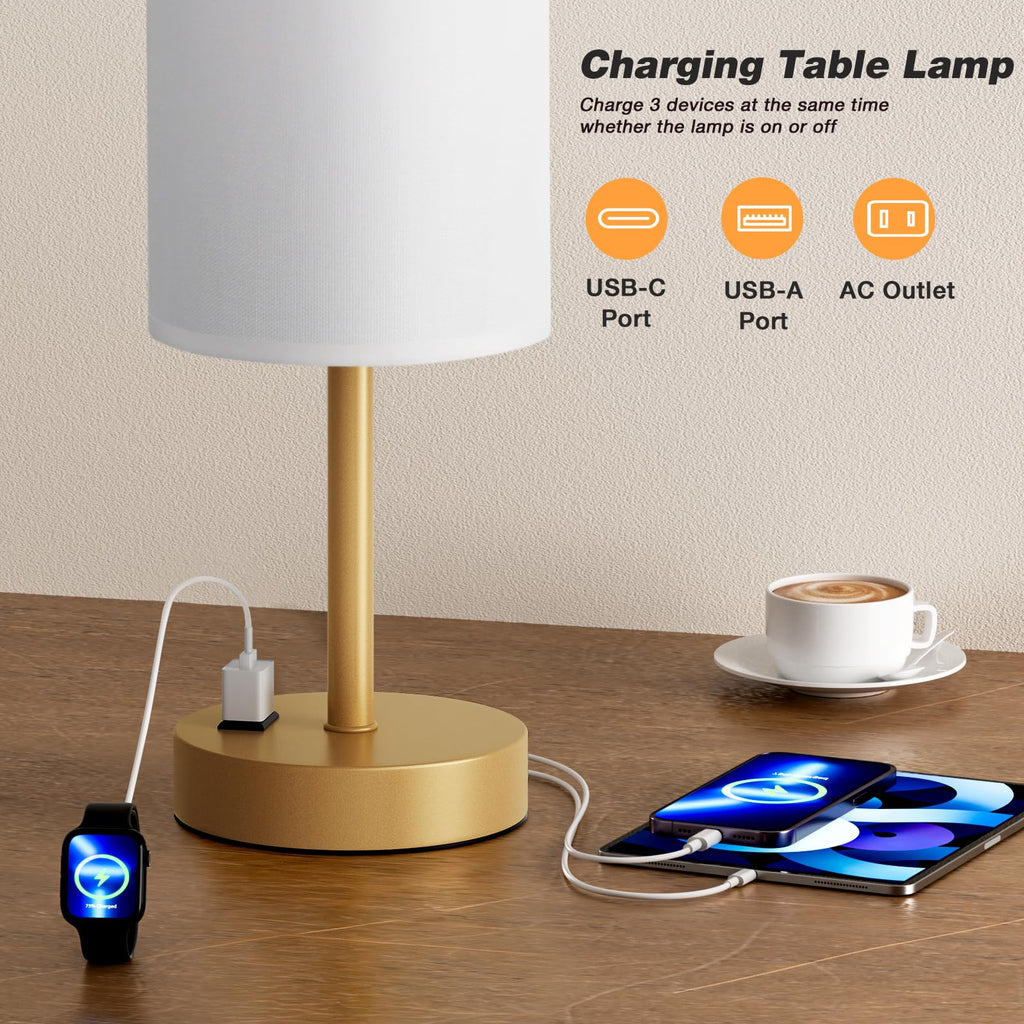 Bedside Table Lamp - Dimmable Touch, Wood-Grain Metal Base