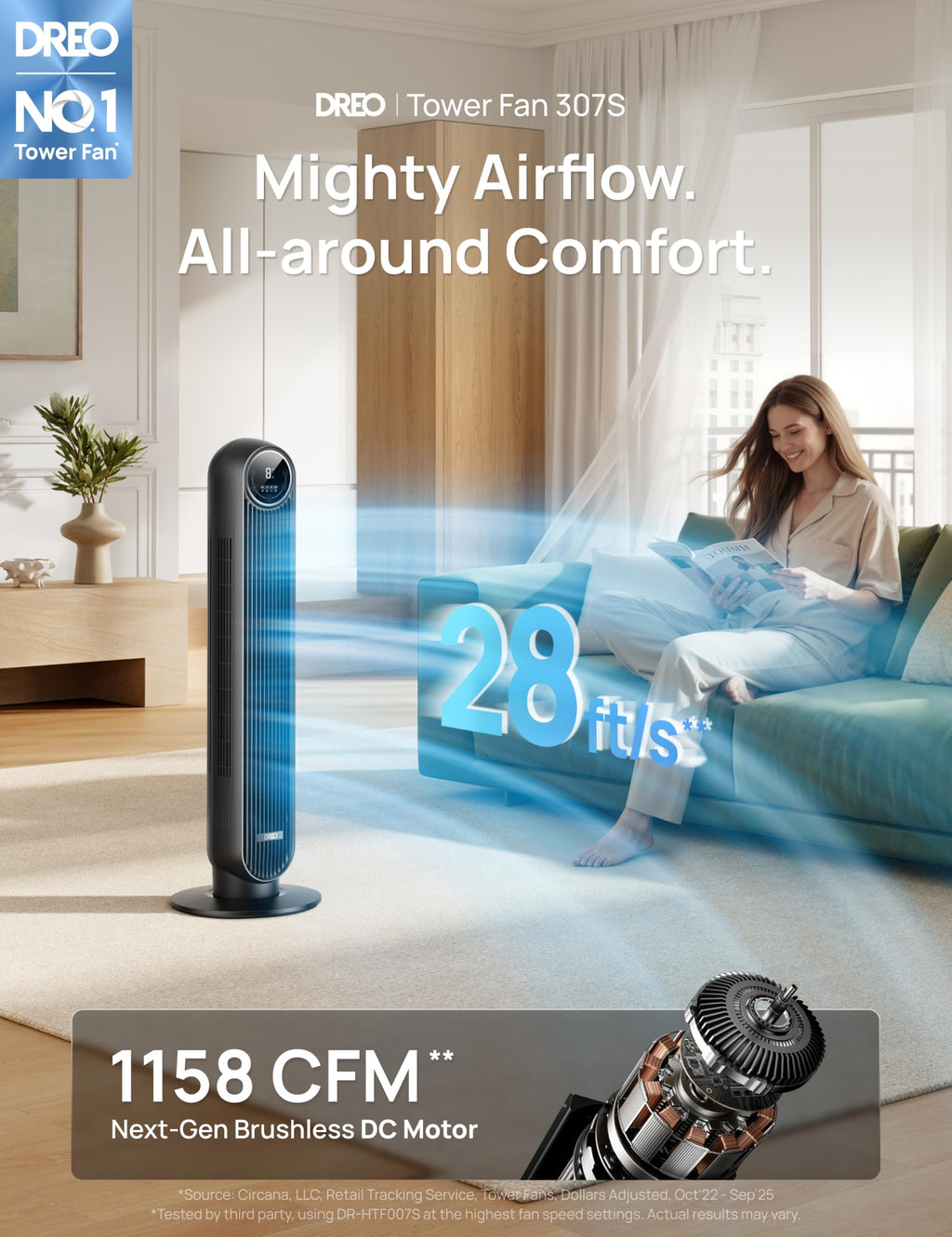 DREO Tower Fan for Bedroom, 25ft/s Velocity, 28dB Ultra Quiet, 4 Speeds