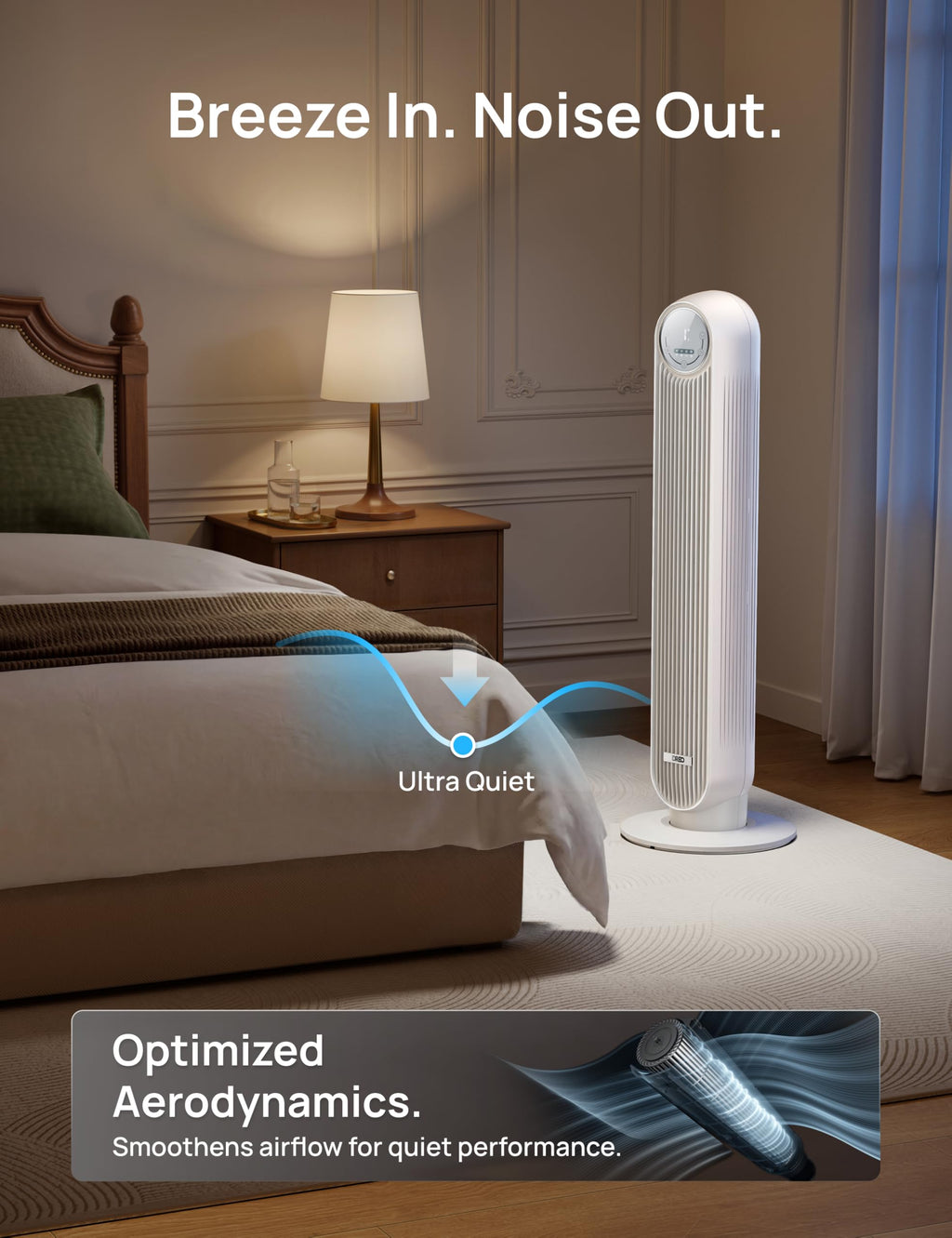 DREO Tower Fan for Bedroom, 25ft/s Velocity, 28dB Ultra Quiet, 4 Speeds