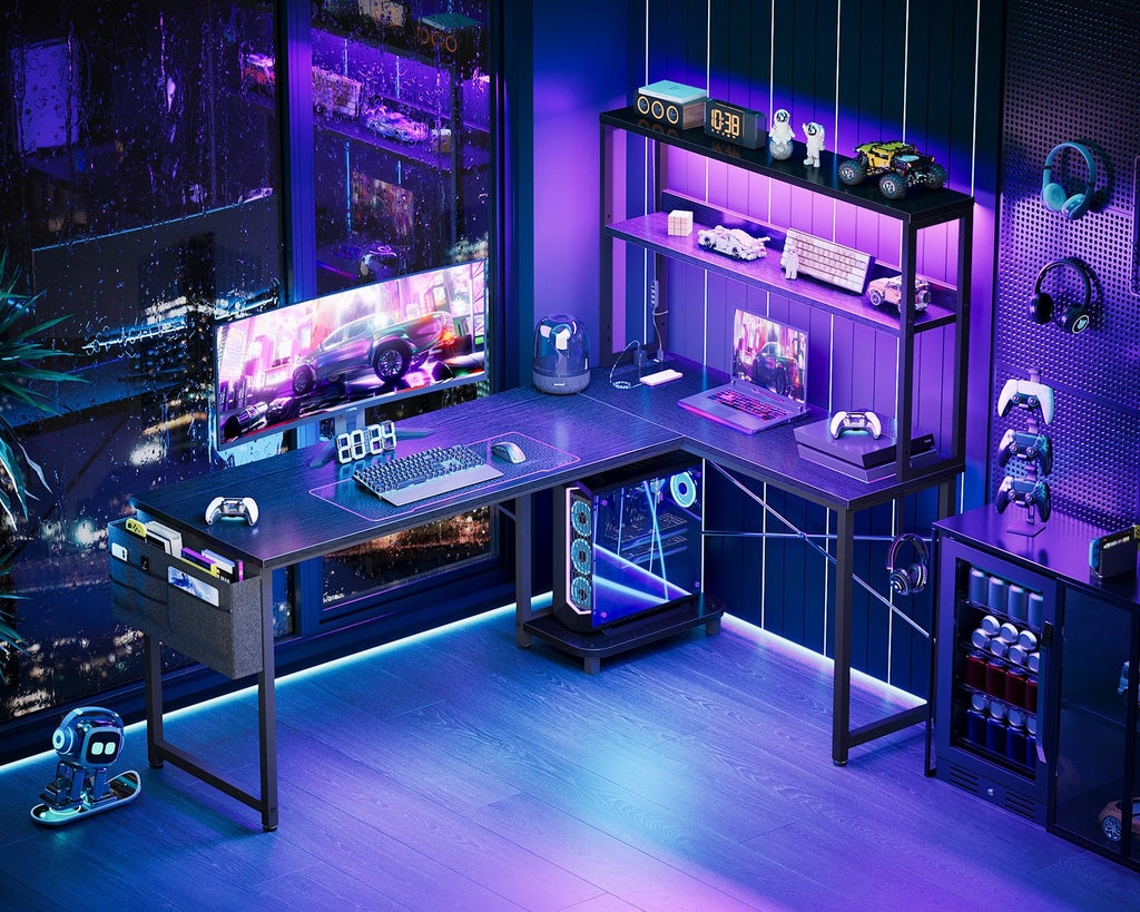 L Shaped Desk Gaming Desk with LED Light & Power Outlet | 53 Inch Home Office