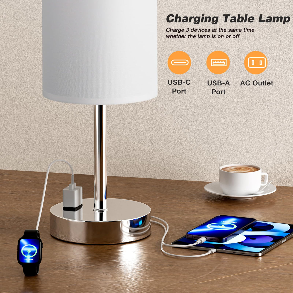 Bedside Table Lamp - Dimmable Touch, Wood-Grain Metal Base