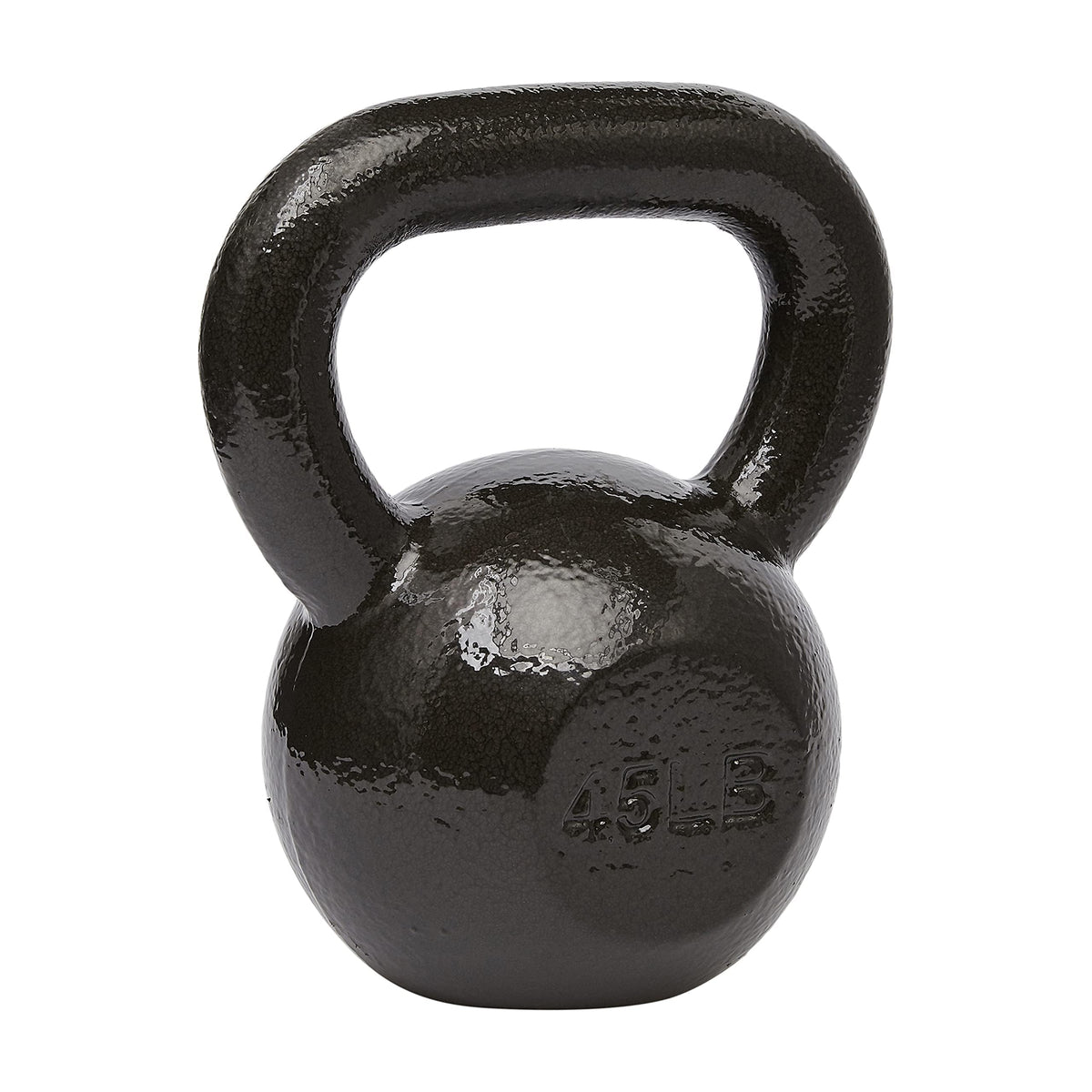 Black kettlebell with '45 lb' marking on a white background
