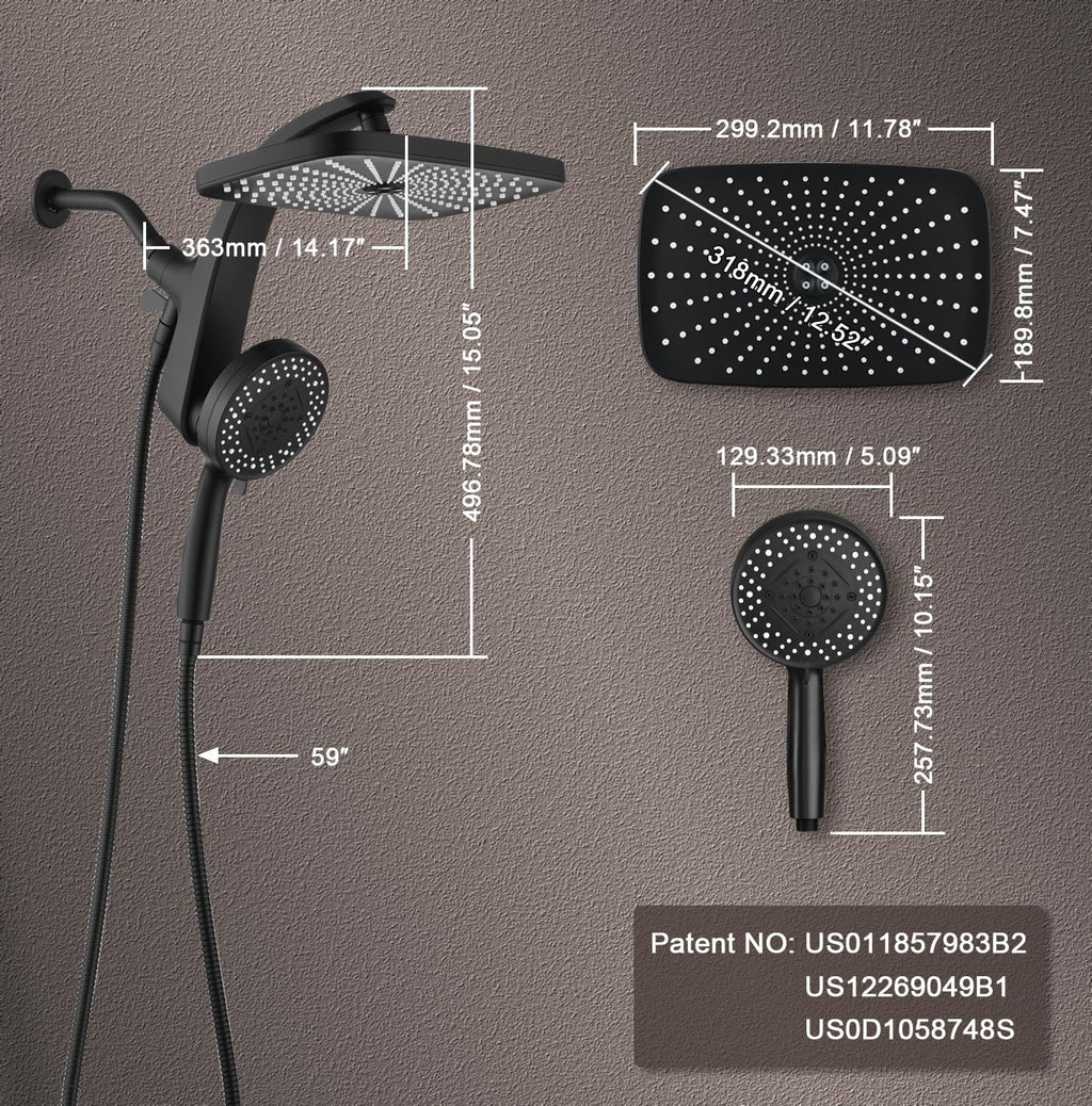 Black shower set with measurement details on a gray background