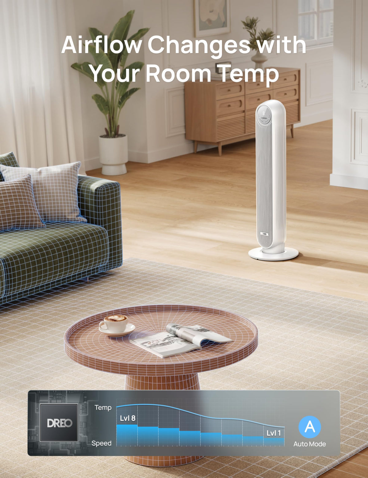 DREO Tower Fan for Bedroom, 25ft/s Velocity, 28dB Ultra Quiet, 4 Speeds
