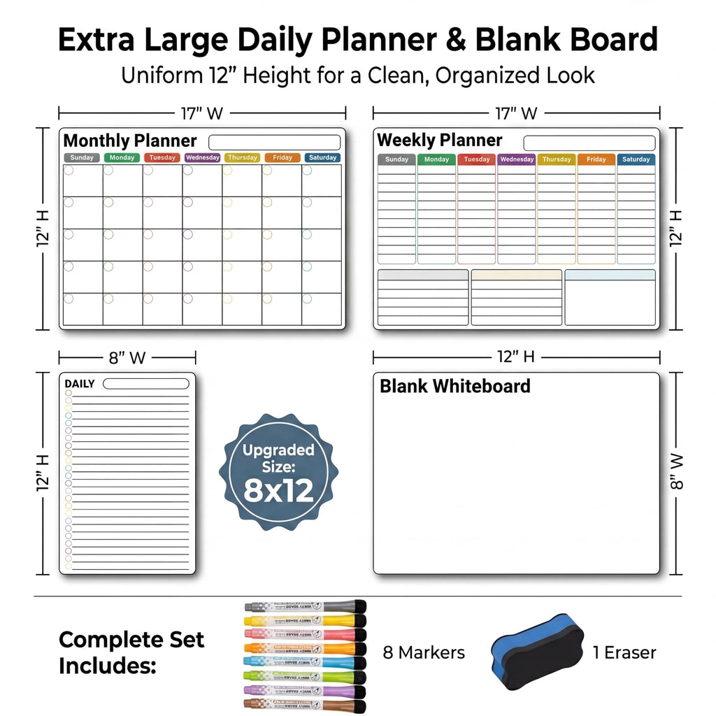 Magnetic Calendar for Refrigerator, 3-Pack |Nano-Tech Surface, 17"x12", 8 Markers & Eraser
