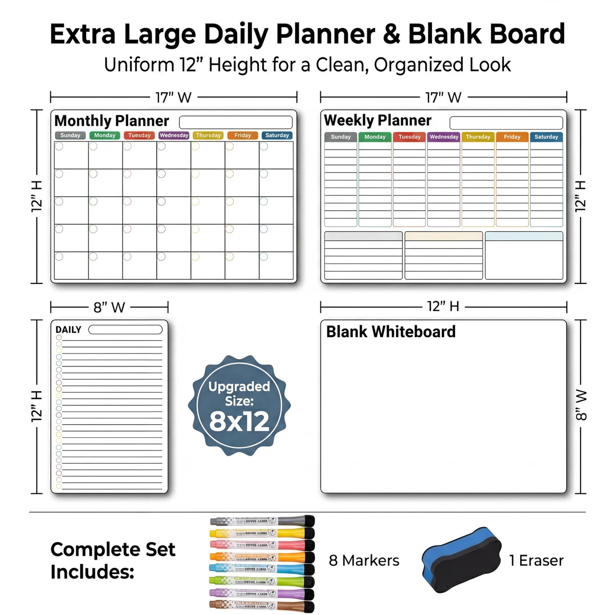 Magnetic Calendar for Refrigerator, 3-Pack |Nano-Tech Surface, 17"x12", 8 Markers & Eraser