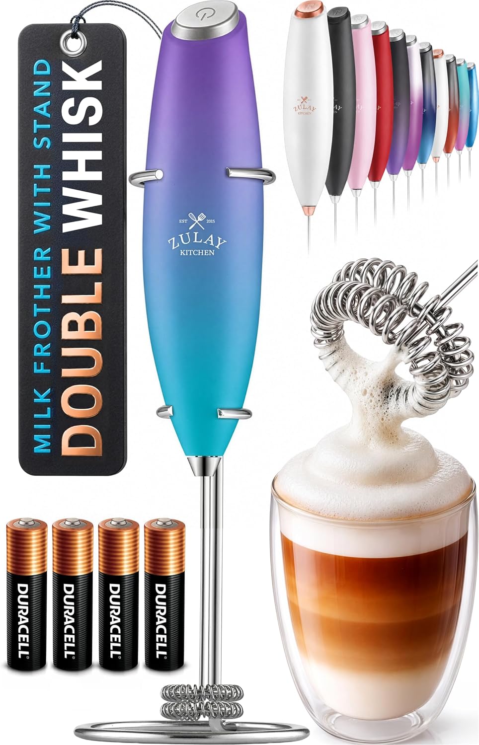 Zulay Kitchen Rechargeable Milk Frother Handheld - Frother Wand, Drink Mixer, Electric Whisk Frother, for Cappuccinos, Matcha & Protein Powder - Dynamic 3 Whisk, 3 Speed 500mAh Black