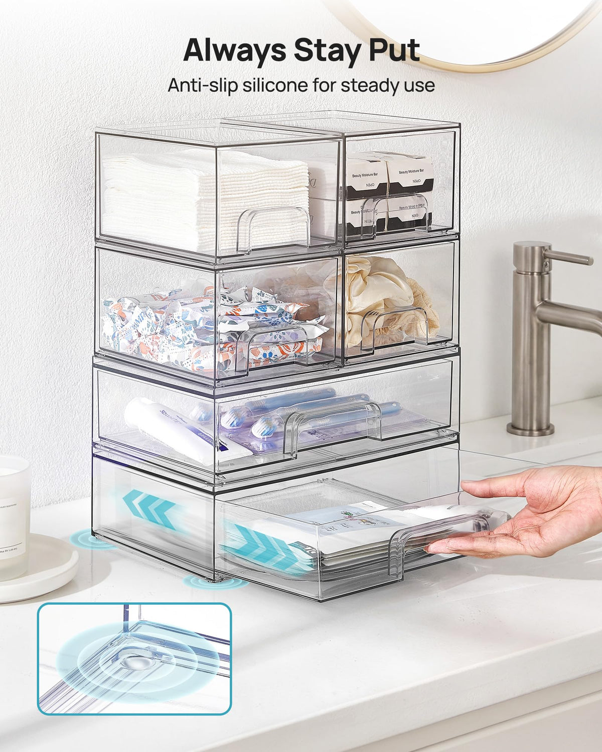 Clear Stackable Storage Drawers Set of 5, Plastic Organizer Bins |
