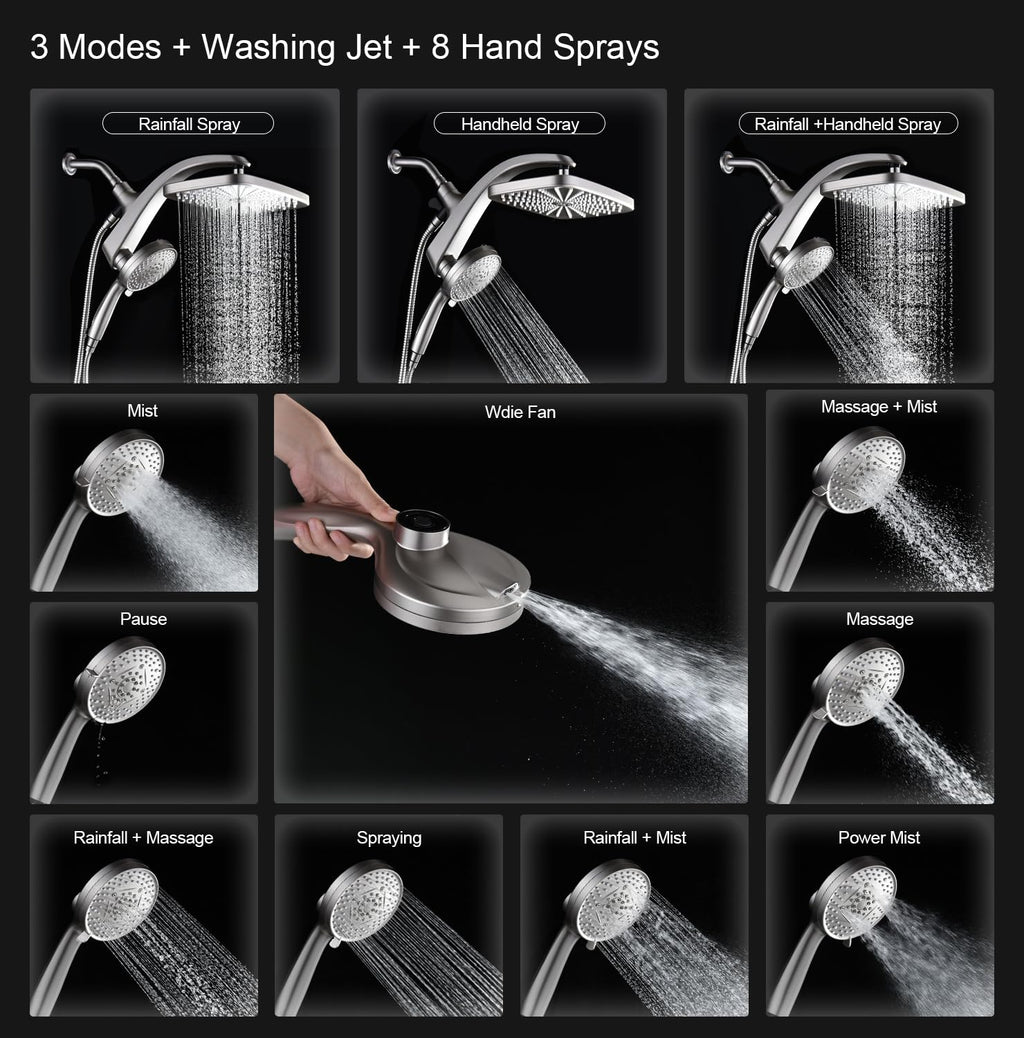 Diverse shower head modes including Rainfall, Handheld, Massage, and more on a black background.