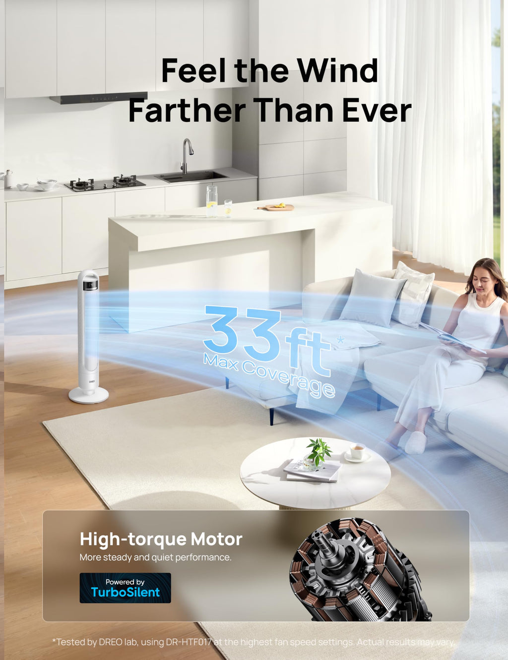DREO Tower Fan for Bedroom, 25ft/s Velocity, 28dB Ultra Quiet, 4 Speeds