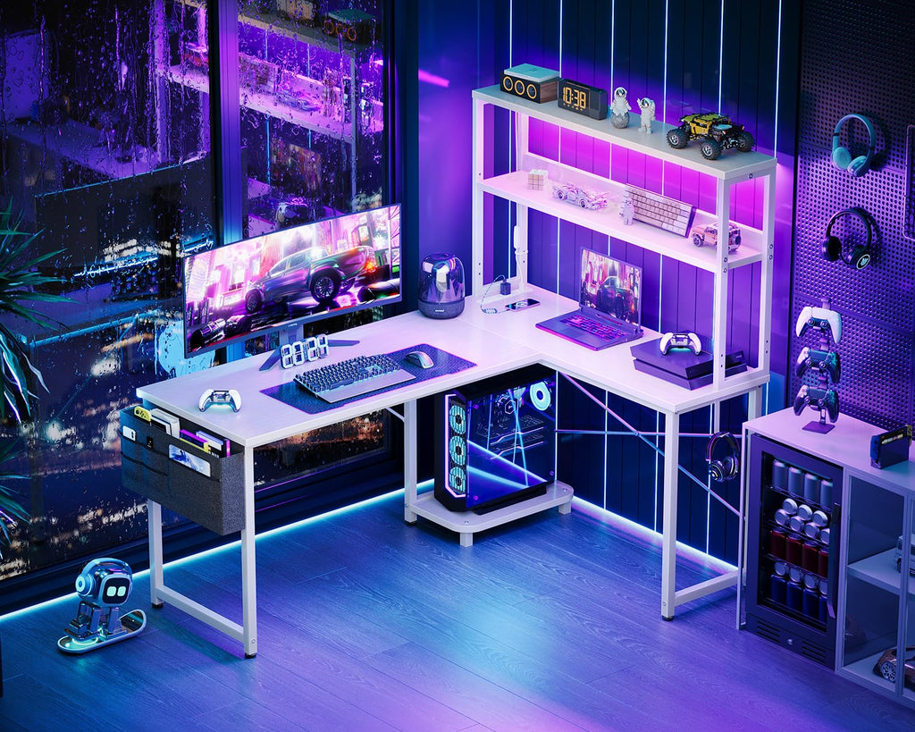 L Shaped Desk Gaming Desk with LED Light & Power Outlet | 53 Inch Home Office