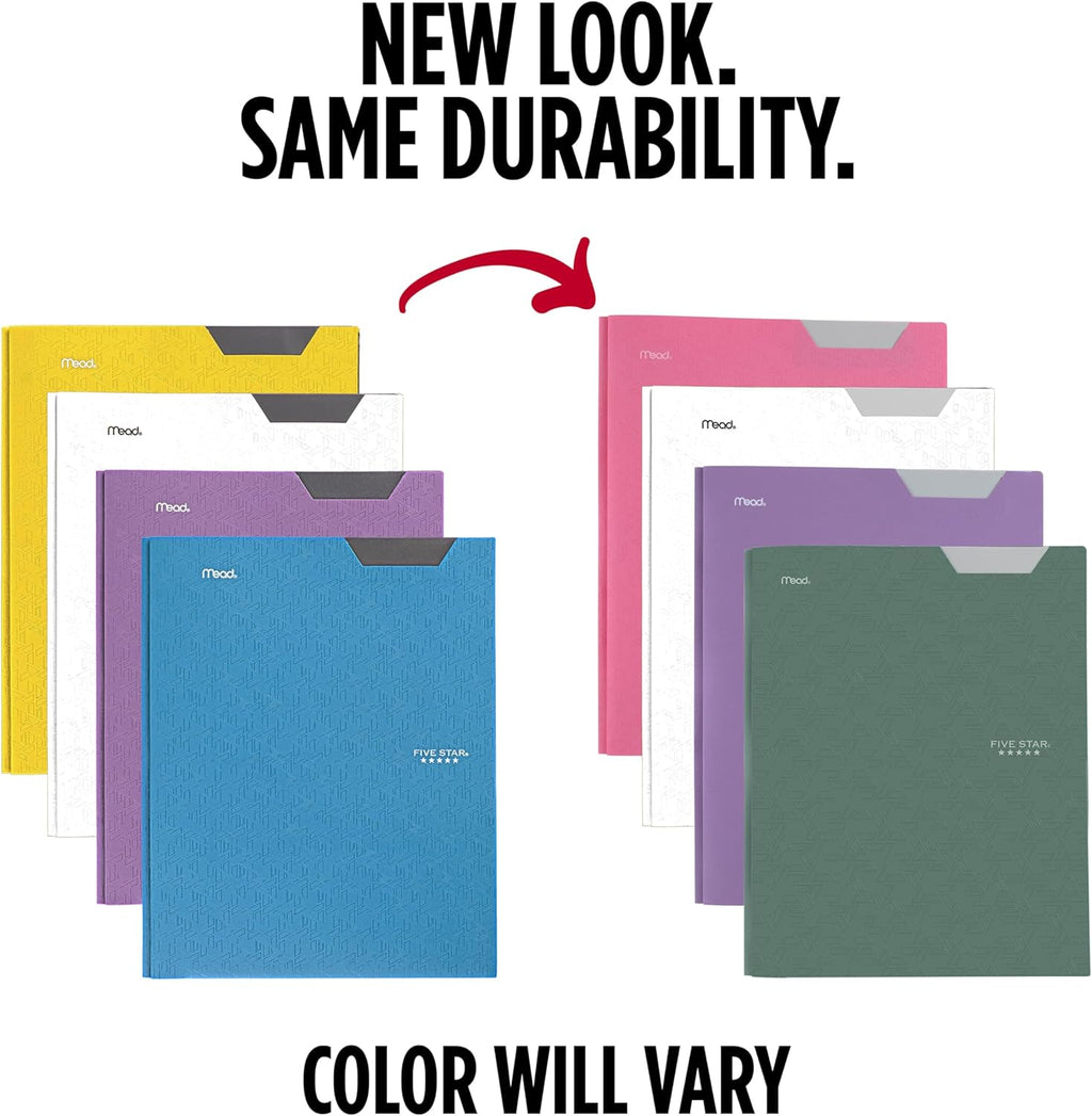 Five Star 2-Pocket Plastic Folder with Stay-Put Tabs and Prong Fasteners, Holds 8.5" x 11" Paper, Assorted Colors, 4 Pack (340300A)