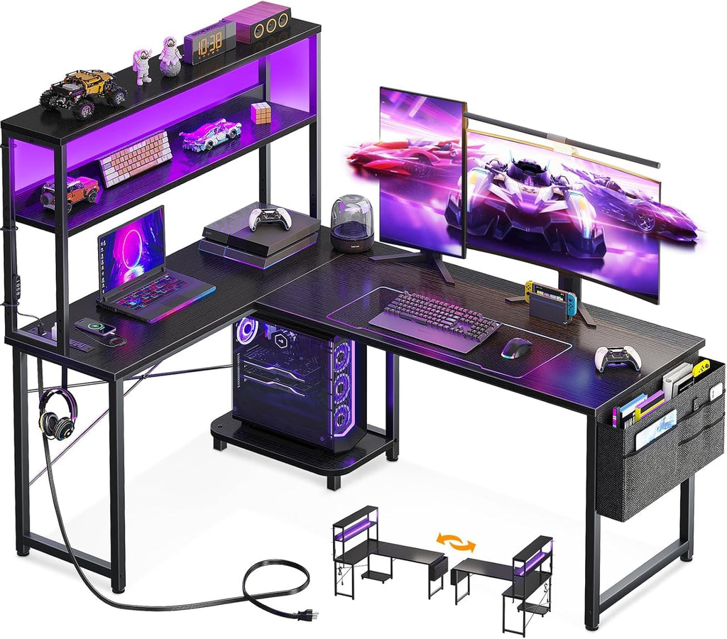 L Shaped Desk Gaming Desk with LED Light & Power Outlet | 53 Inch Home Office