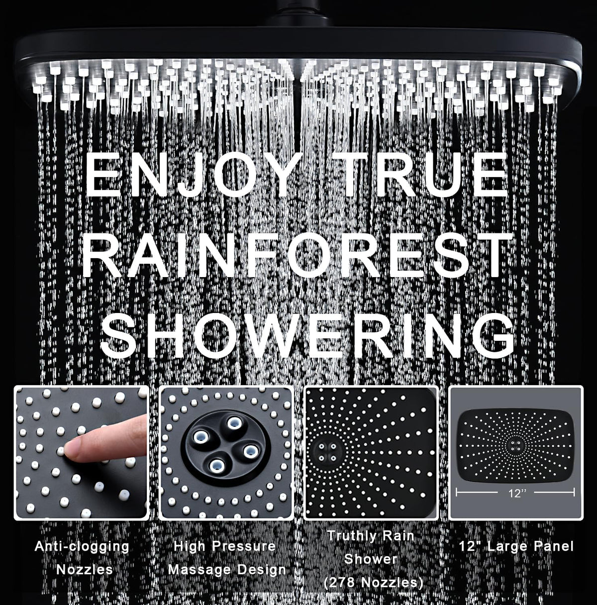 Shower Head with Rainfall Patter | Handheld Showerhead | Black | 1.8GPM