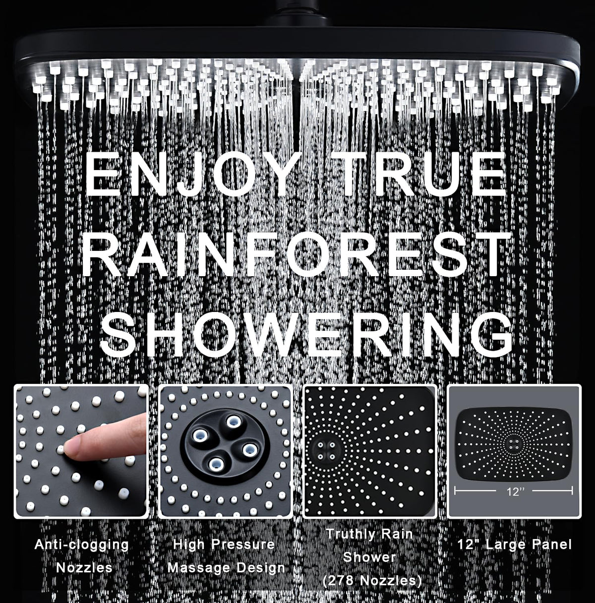 Shower Head with Rainfall Patter | Handheld Showerhead | Black | 1.8GPM