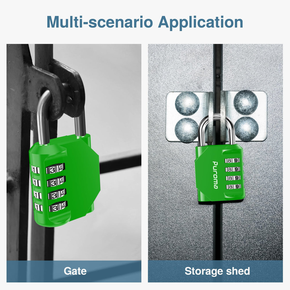 Green combination lock on a gate and storage shed door with text 'Multi-scenario Application'.