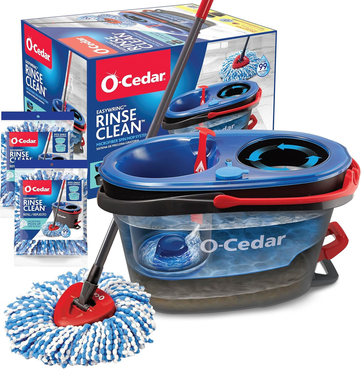 O-Cedar RinseClean Clean Water Spin Mop and Bucket System + 2 Extra Mop Heads | Clean with Clean Water | Removes 99% of Bacteria