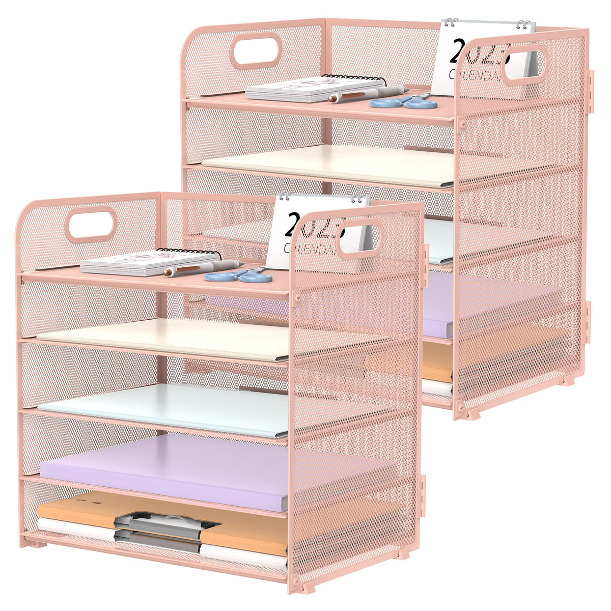 Pink mesh desk organizer with shelves and a calendar on a white background