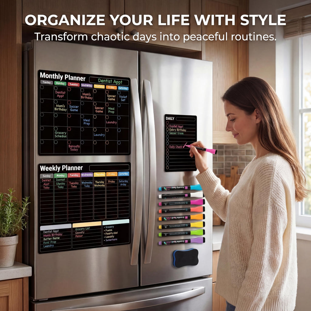 Magnetic Calendar for Refrigerator, 3-Pack |Nano-Tech Surface, 17"x12", 8 Markers & Eraser