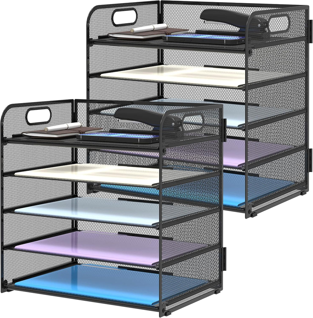 Black mesh desk organizer with multiple trays on a white background