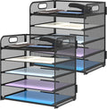 Black mesh desk organizer with multiple trays on a white background