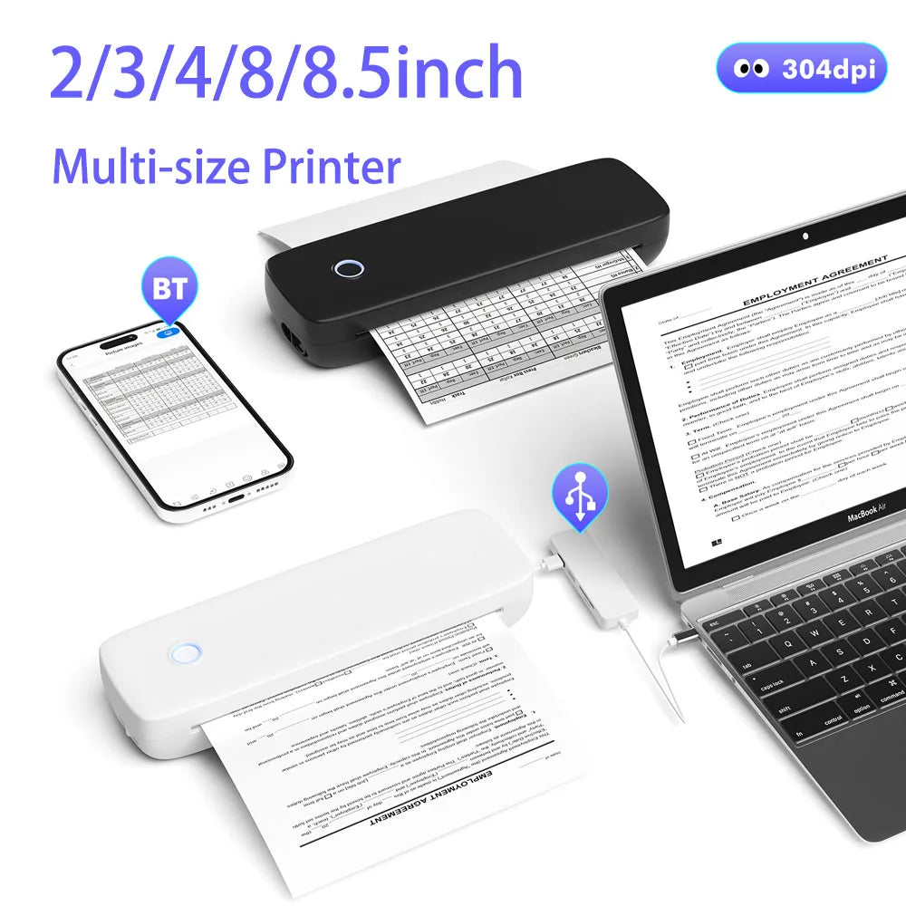 A4 Thermal Transfer Printer USB Wireless&amp Portable Printers with Mobile Computer 2in/3in/4in/8in/8.5in for Office School