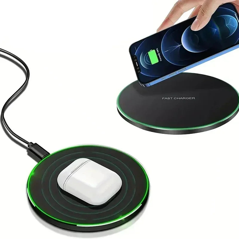 Two wireless chargers with a phone and mouse on top, on a white background