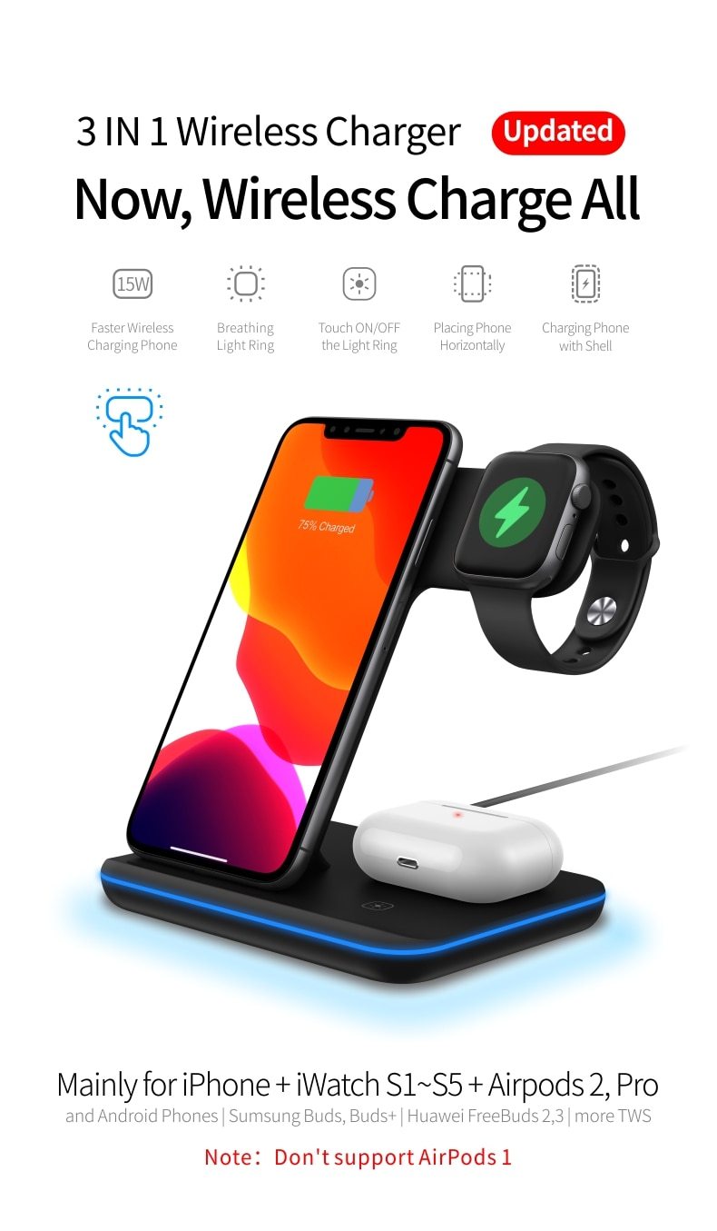 Ninja 15W 3 in 1 Fast Wireless Charging Station for Phones